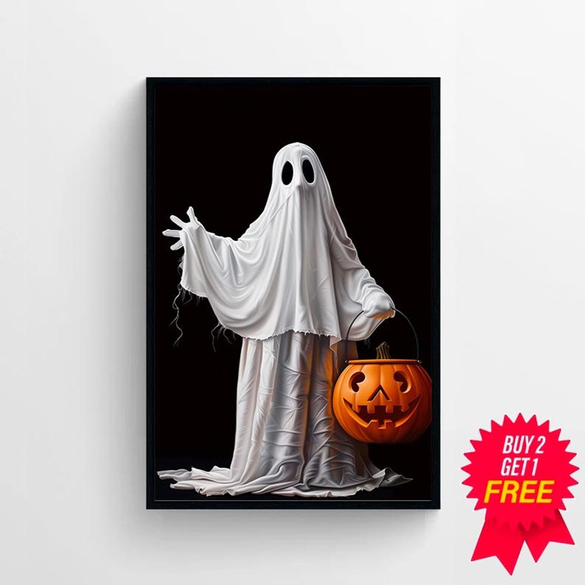 Tall White Ghost with Pumpkin Bucket Arm Raised Dark Art Poster - Image 4