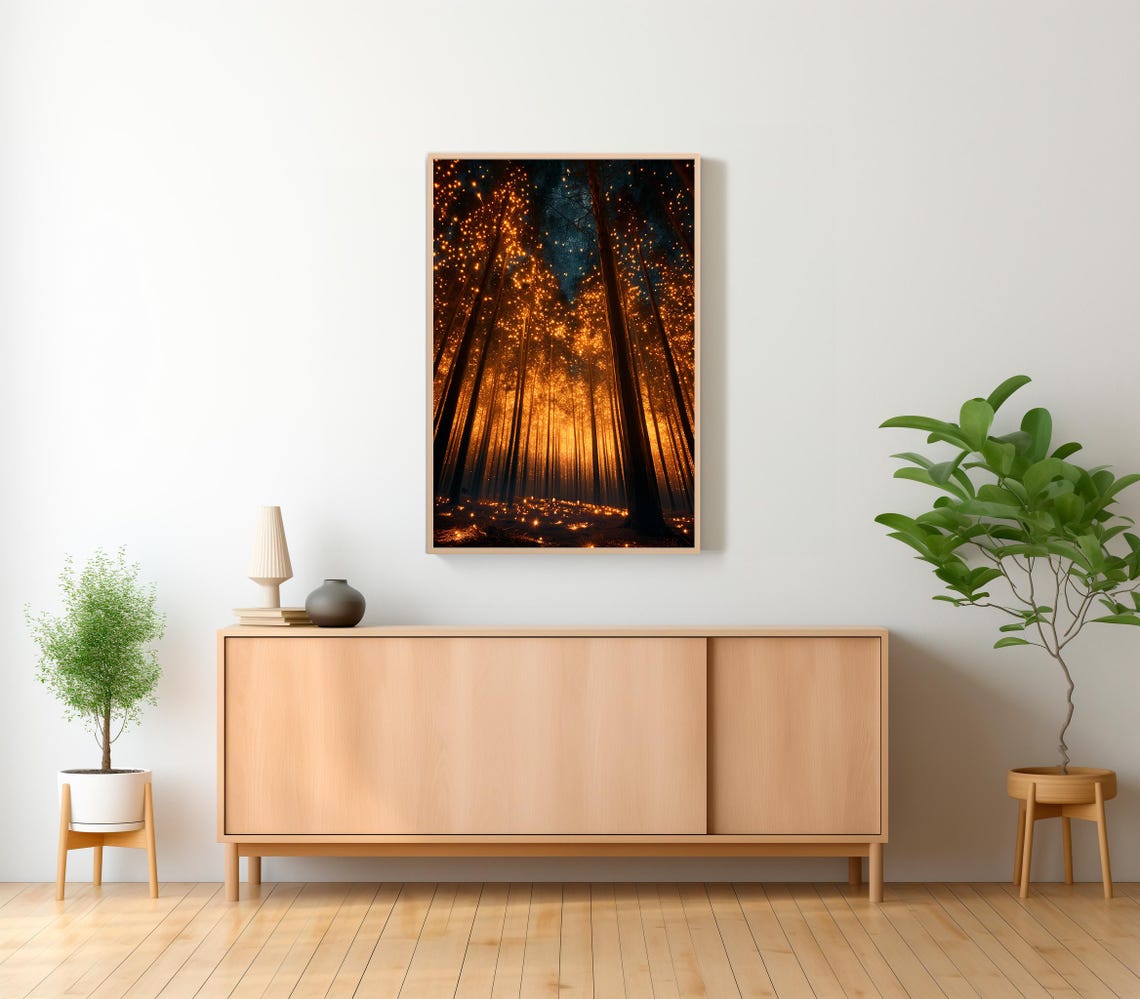 Magical Forest Wall Art Print Dark Maximalist Art Print Enchanted Fireflies Decoration Forest Landscape Deco Moody Botanical Canvasr - Image 2