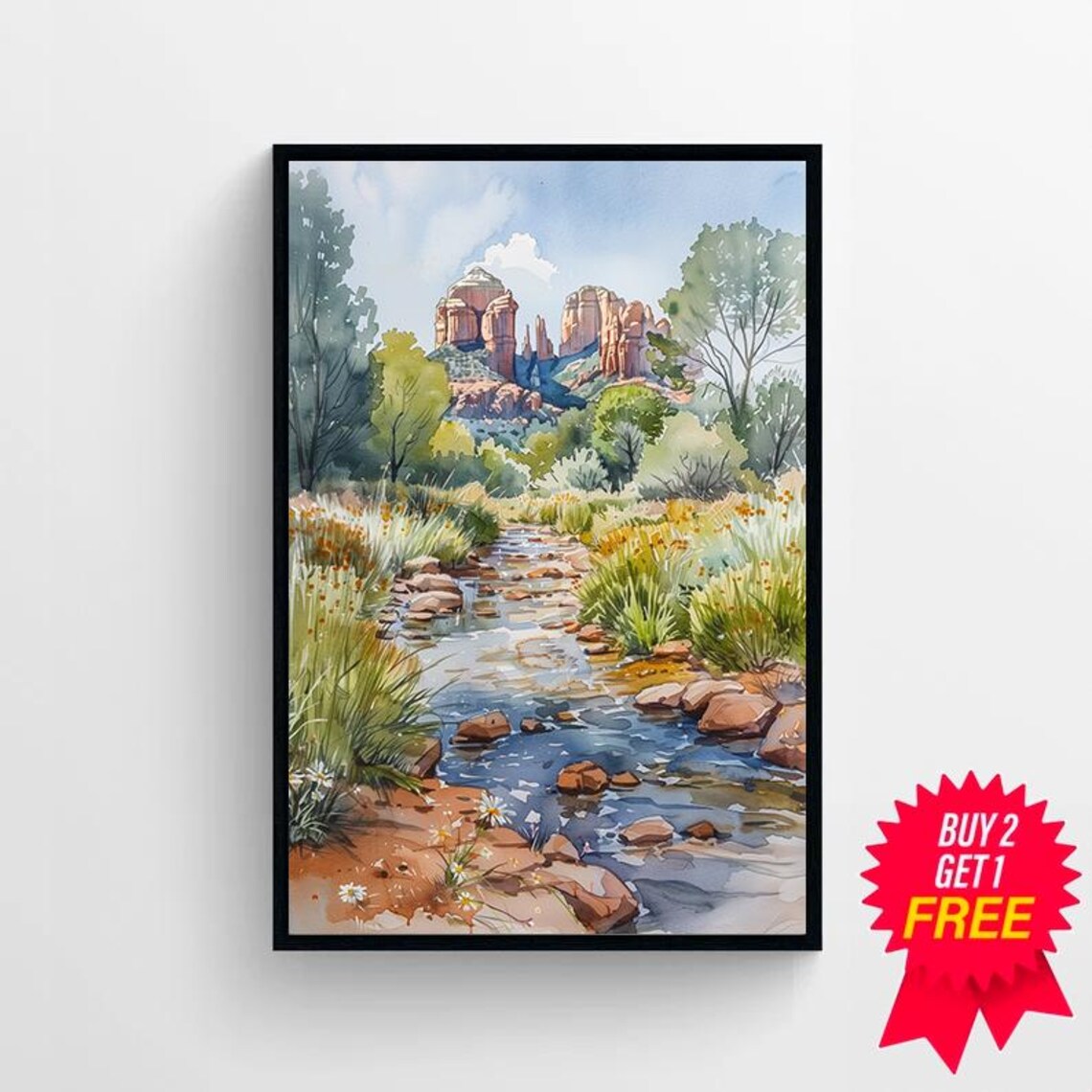 Sedona Red Rock Canyon Creek Green Cottonwoods Watercolor Poster - Image 4