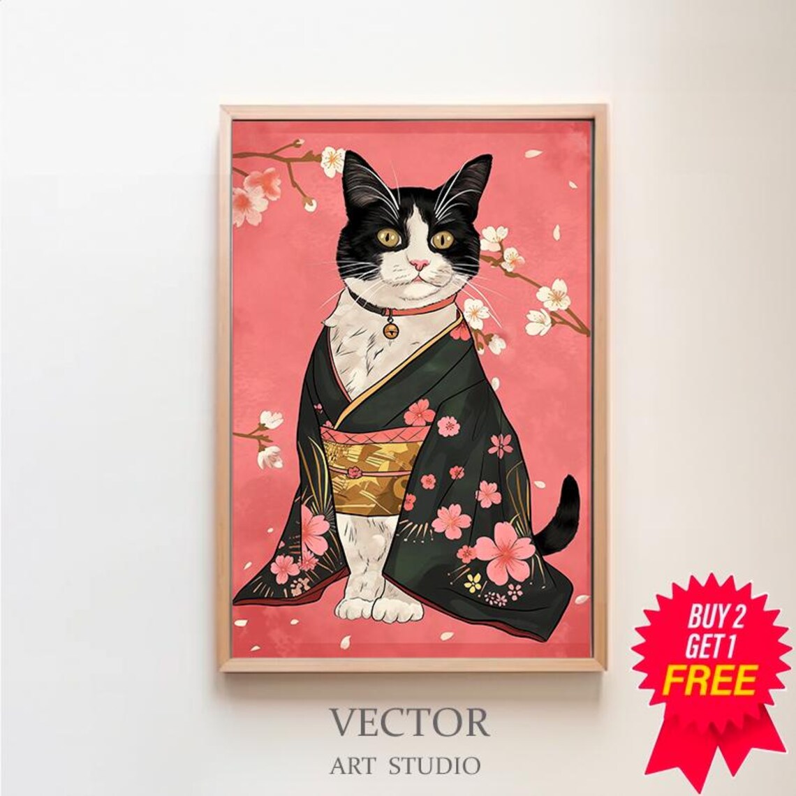 Black and White Tuxedo Cat Wearing Kimono with Cherry Blossoms Art Poster
