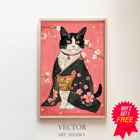 Black and White Tuxedo Cat Wearing Kimono with Cherry Blossoms Art Poster