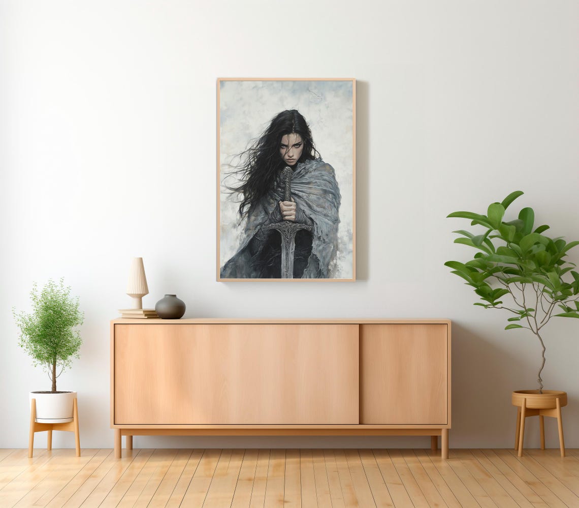 Hecate Dark Sorceress Leaning on Sword Gray Cloak Portrait Poster - Image 2