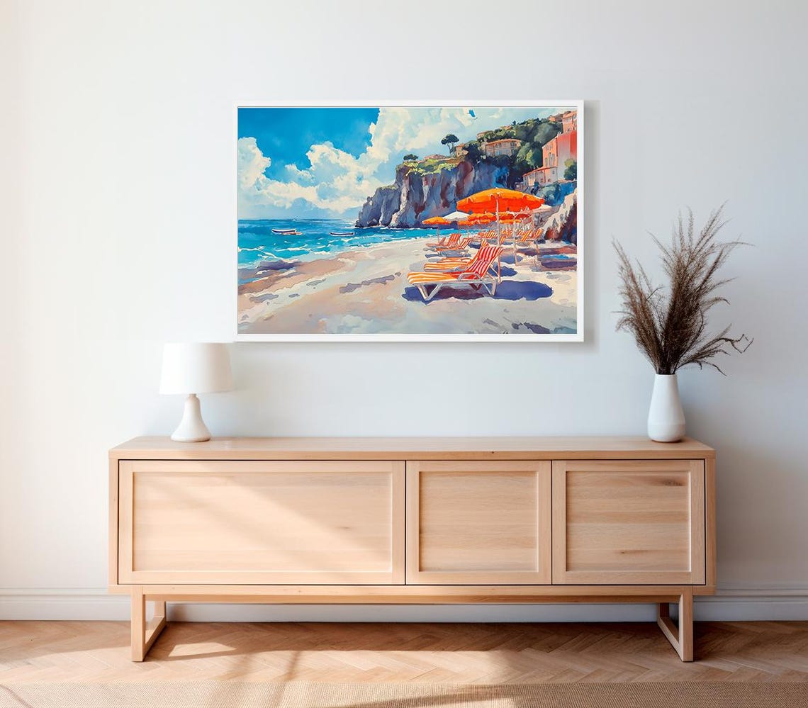 Capri Beach With Cliffside Buildings And Orange Umbrellas Poster - Image 2