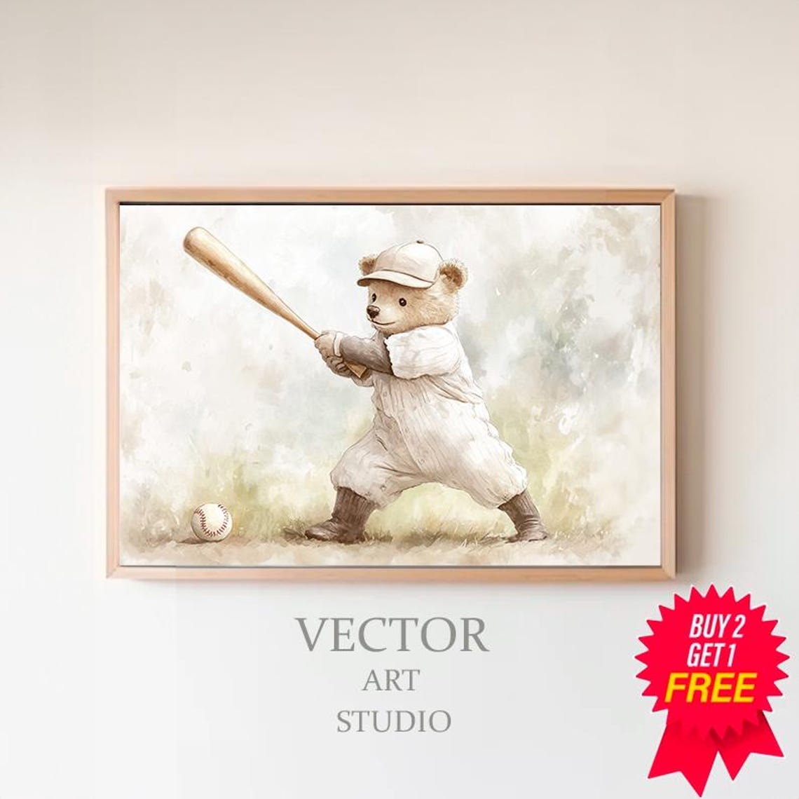 Teddy Bear Baseball Player in Pinstripes Nursery Sports Poster