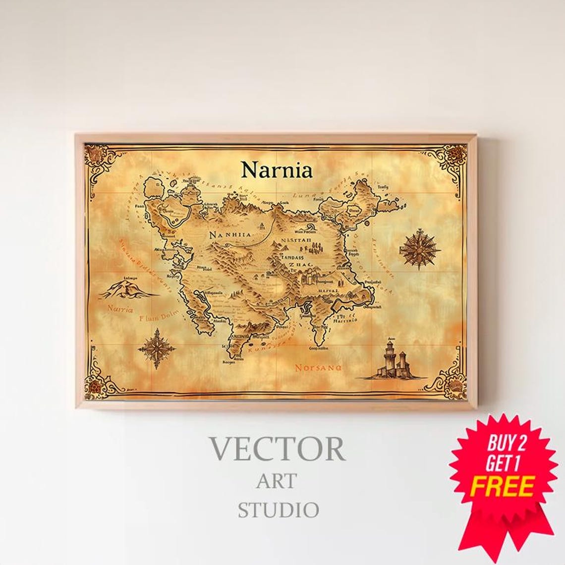 Narnia Fantasy Map On Aged Parchment With Compass Rose Poster