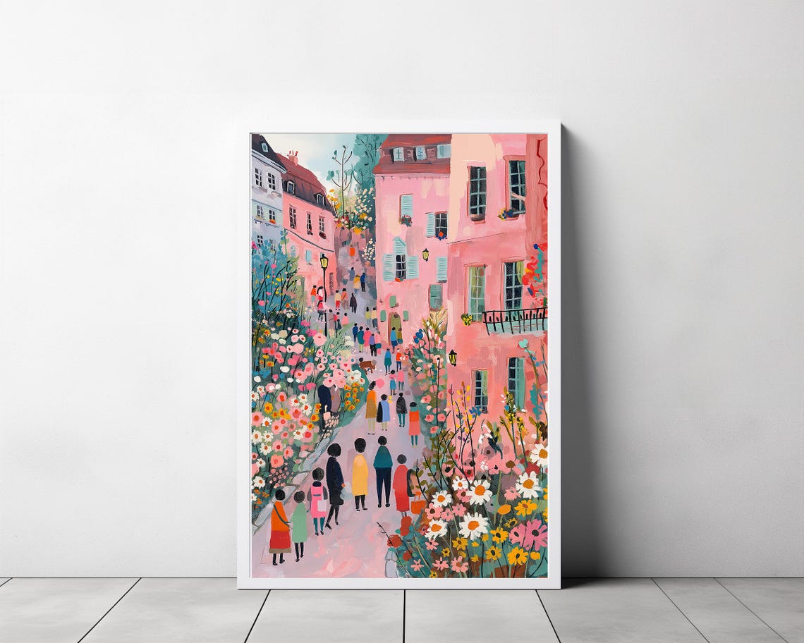 Flower Lined Pink Street with Strolling Crowd Painting Poster - Image 3
