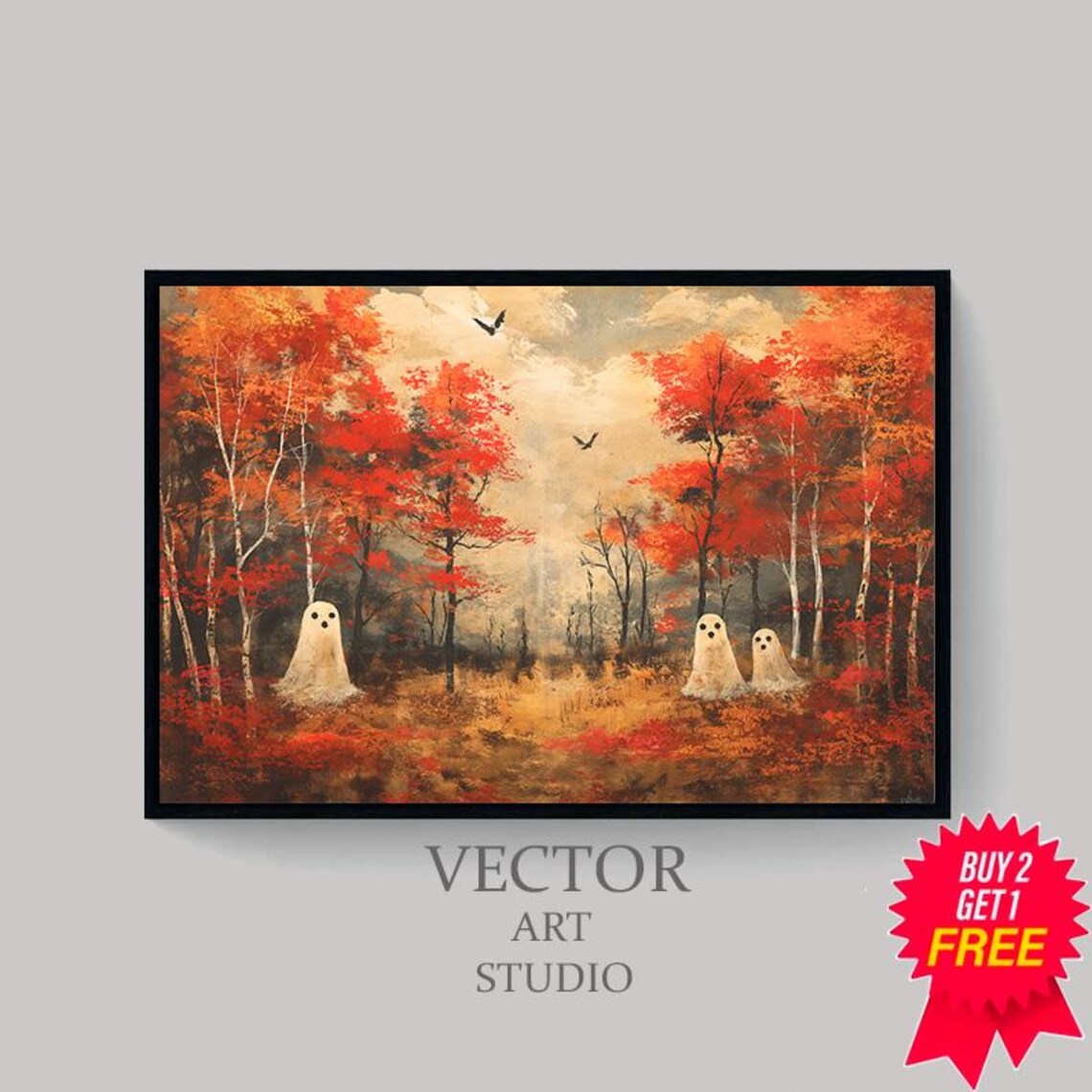 Cute Ghost Family in an Autumn Forest Fall Colors Halloween Art Poster - Image 4