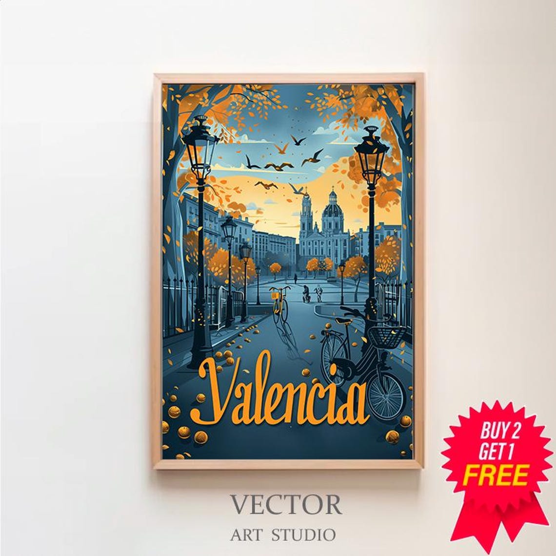 Valencia Spain Vintage Travel Poster With Bicycles At Sunset