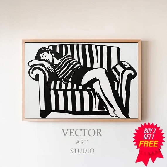 Reclining Woman on Striped Chaise Lounge Horizontal Black White Art Poster