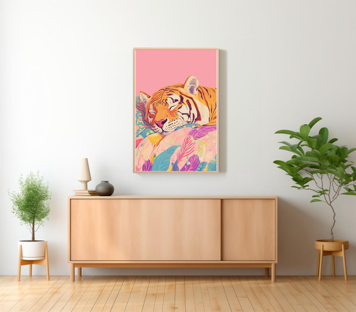 Sleeping Tiger Nestled in a Pastel Floral Blanket Dreamy Art Poster - Image 2