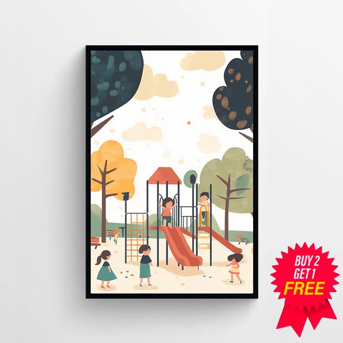Children Playing on a Red Slide Playground Autumn Scene Poster - Image 4
