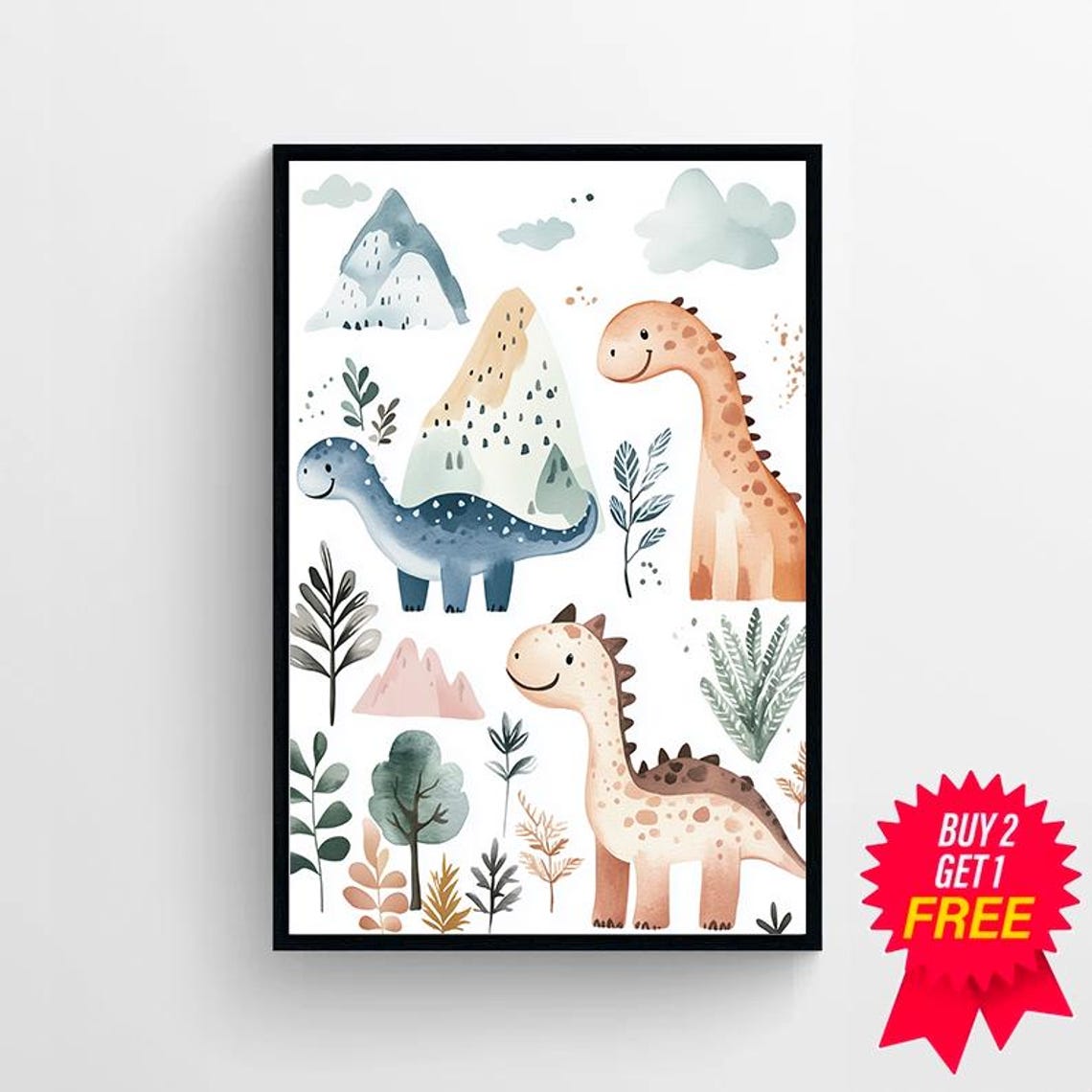 Smiling Watercolor Dinosaurs with Pastel Mountains Nursery Poster - Image 4