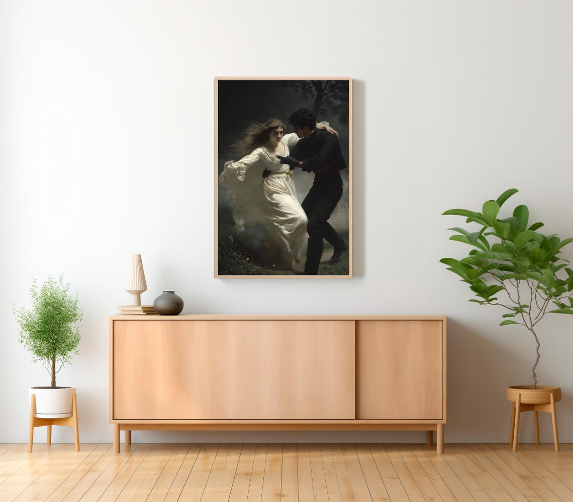 Gothic Romantic Couple Embracing on a Misty Moonlit Night Poster - Image 2