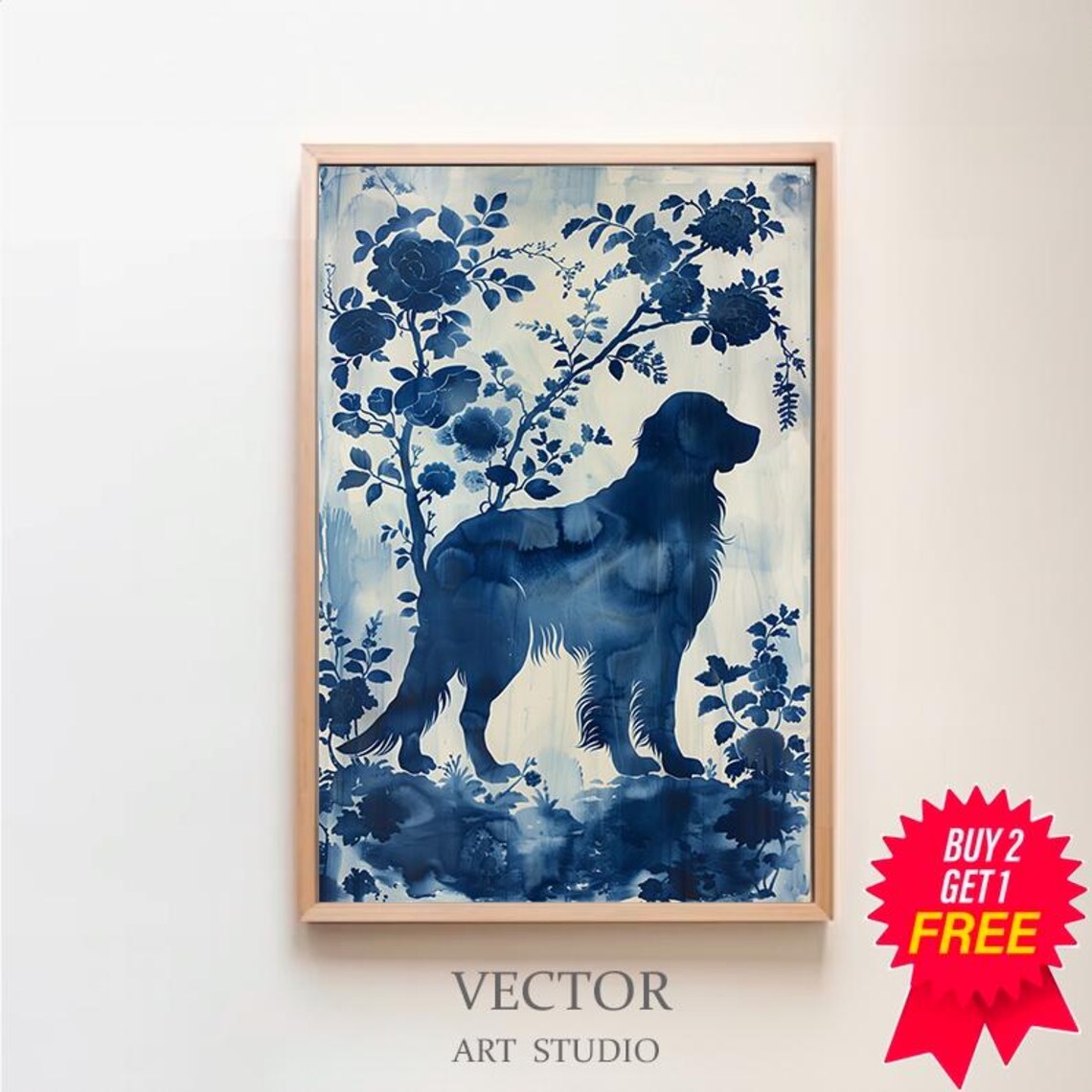 Cobalt Blue Dog with Roses Porcelain Floral Dog Portrait Art Print