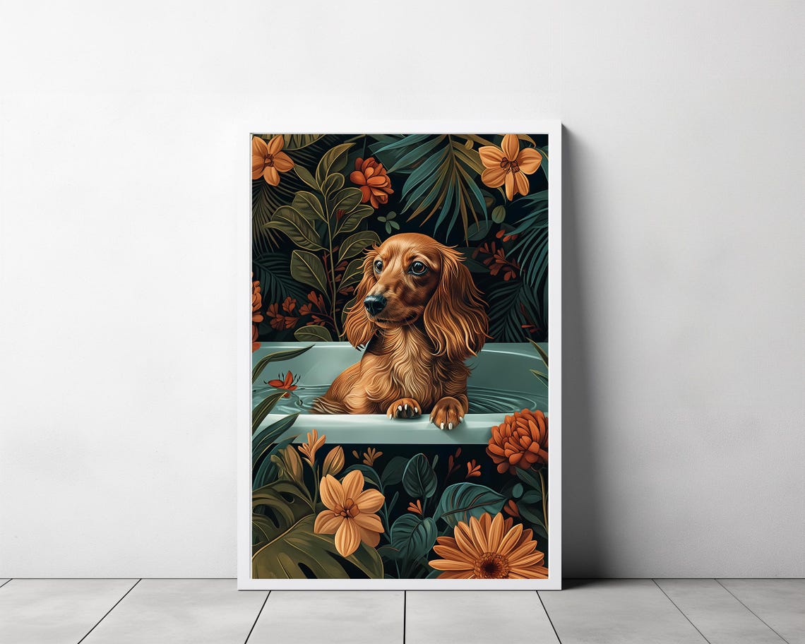 Long Haired Dachshund In A Teal Bathtub Jungle Flowers Wall Art - Image 3