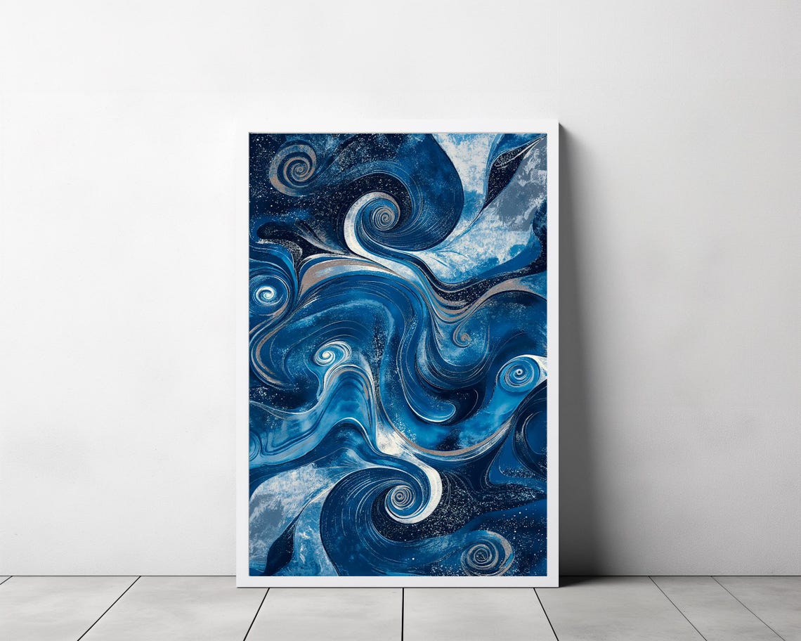 Indigo Blue Marble Swirl Starry Night Spiral Abstract Art Poster - Image 3