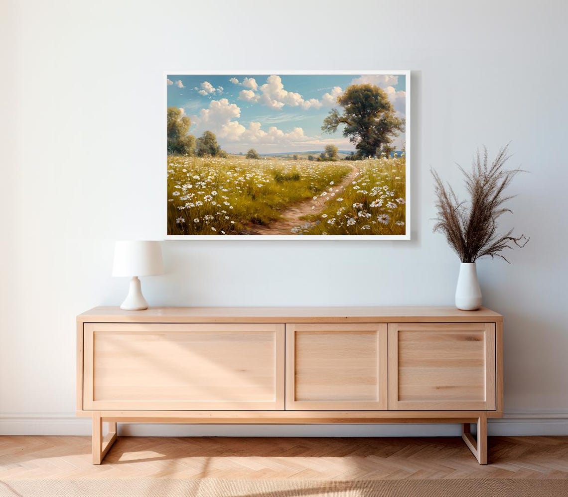 Daisy Field with Winding Country Path Summer Landscape Art Poster - Image 2