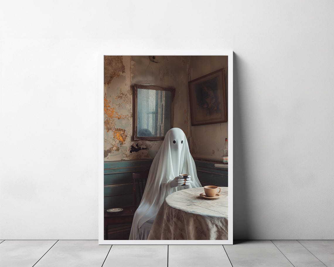 Lonely Sheet Ghost Drinking Coffee in Old Cafe Dark Academia Poster - Image 3
