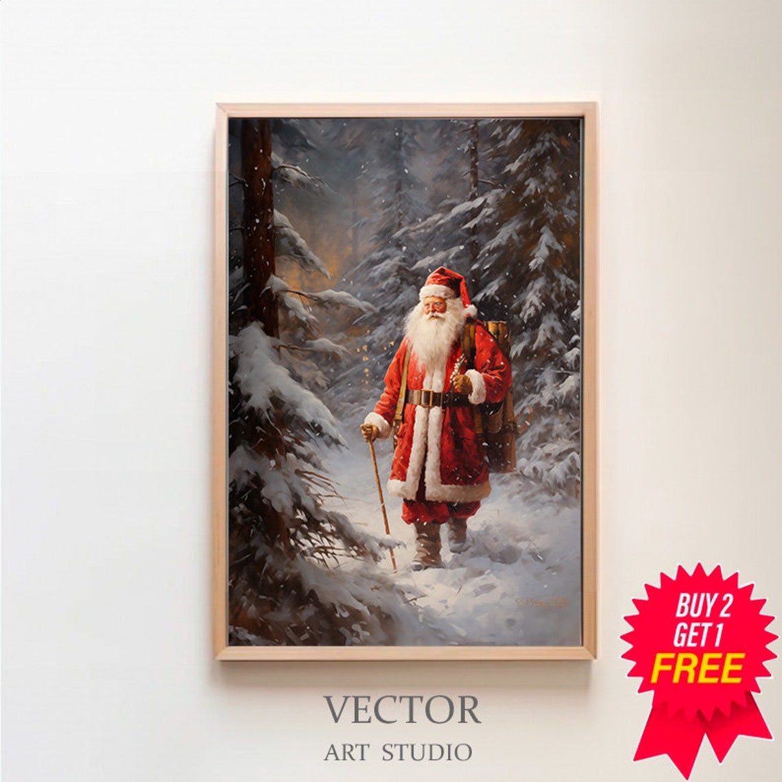 Santa Claus Hiking with a Backpack Through Snowy Pines Poster