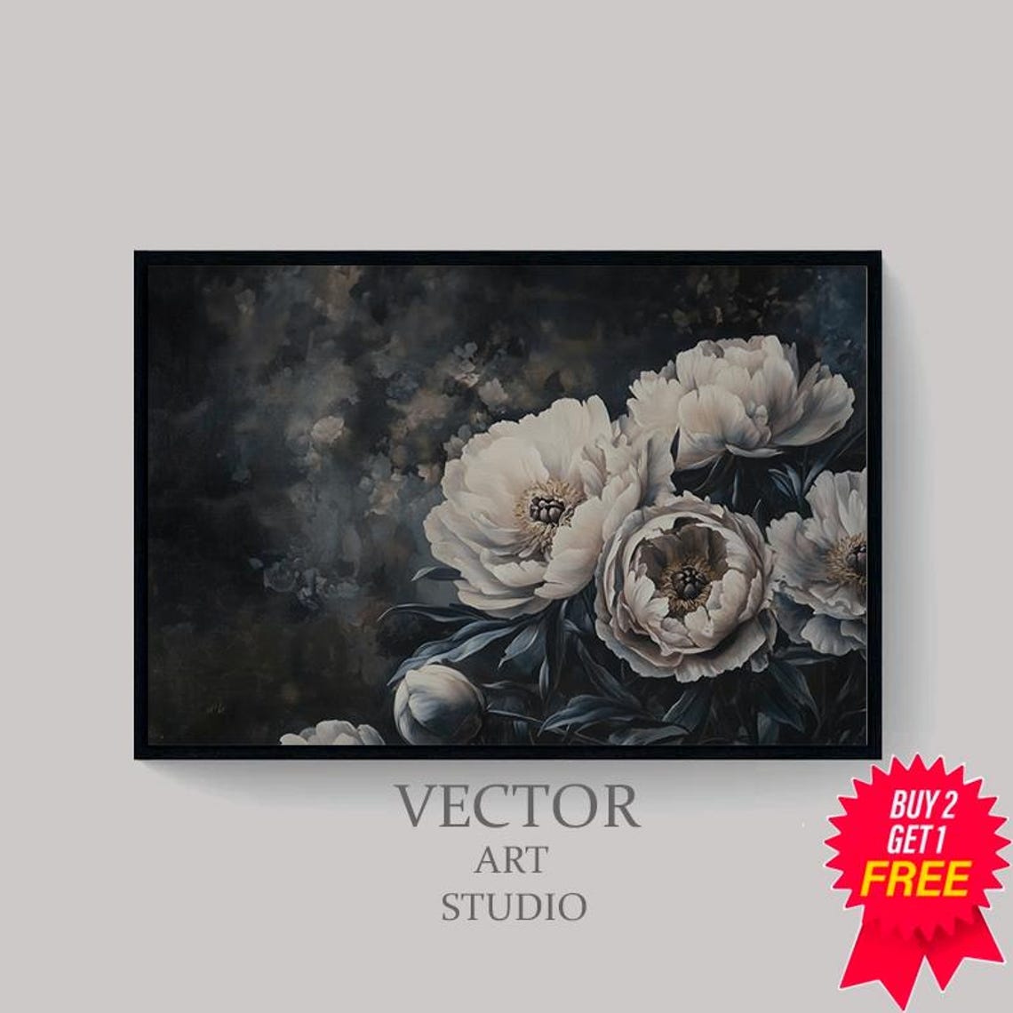 White Peonies Emerging Luminous From Dark Moody Floral Poster - Image 4