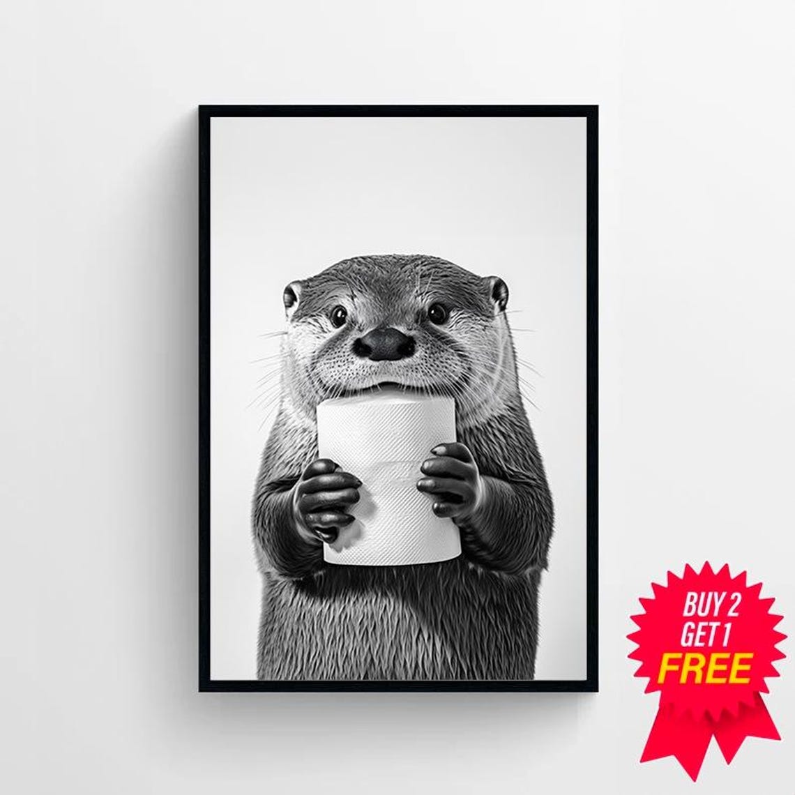 Funny Otter Holding a Toilet Paper Roll in Black and White Poster - Image 4
