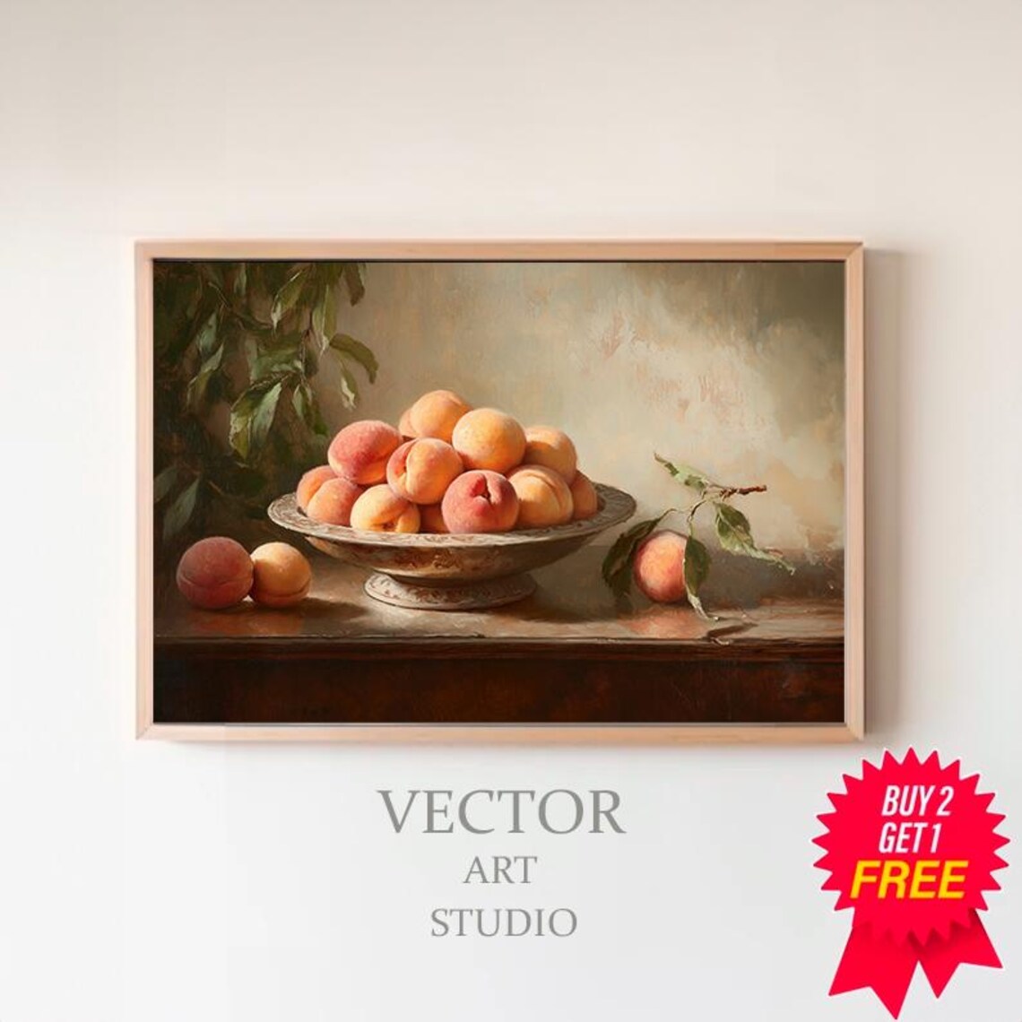 Moody Vintage Fruit Still Life Peaches Oil Painting Collection Tranquil Stillness By Artedya Wall Art