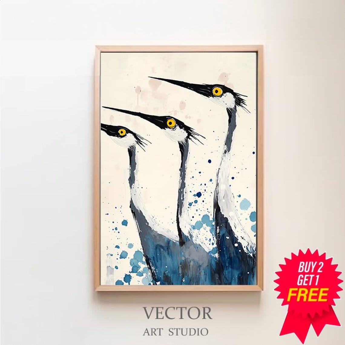 Three Elegant Long-Necked Birds in Blue Watercolor Painting Poster