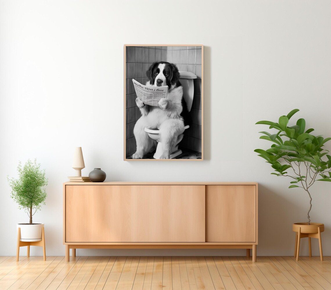 Saint Bernard On Toilet Reading Newspaper Black And White Poster - Image 2