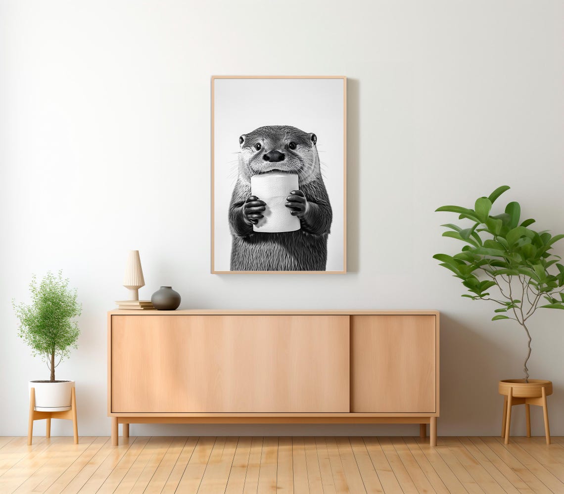 Funny Otter Holding a Toilet Paper Roll in Black and White Poster - Image 2