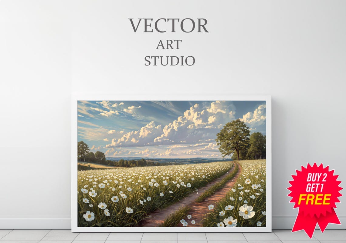 White Wildflower Meadow With Winding Country Path Vintage Poster - Image 3