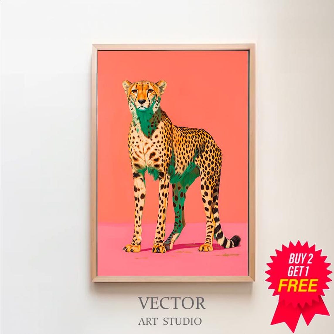Pop Art Cheetah Standing Tall On Coral Pink Background Poster
