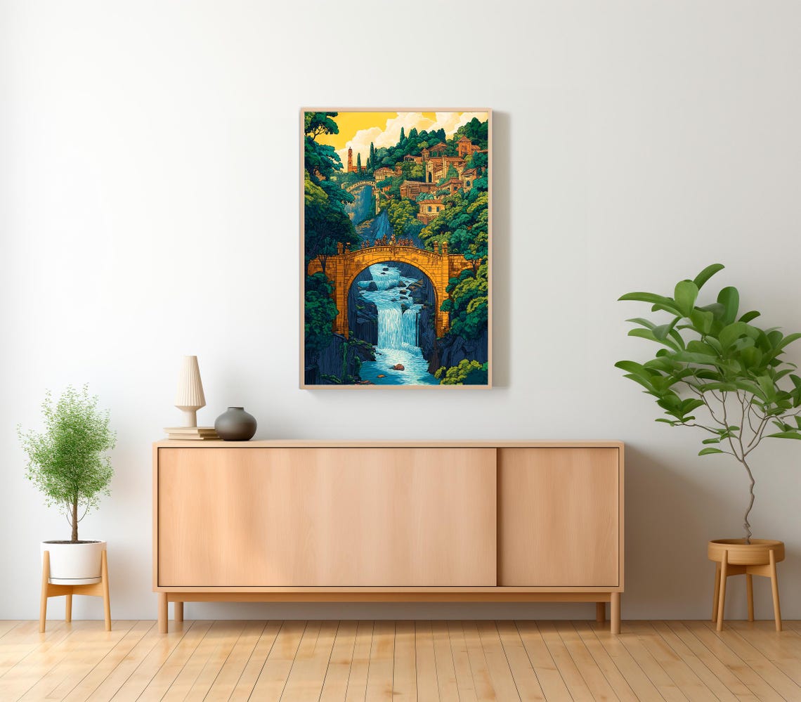 Fantasy Elven Stone Bridge Waterfall Village Landscape Poster - Image 2