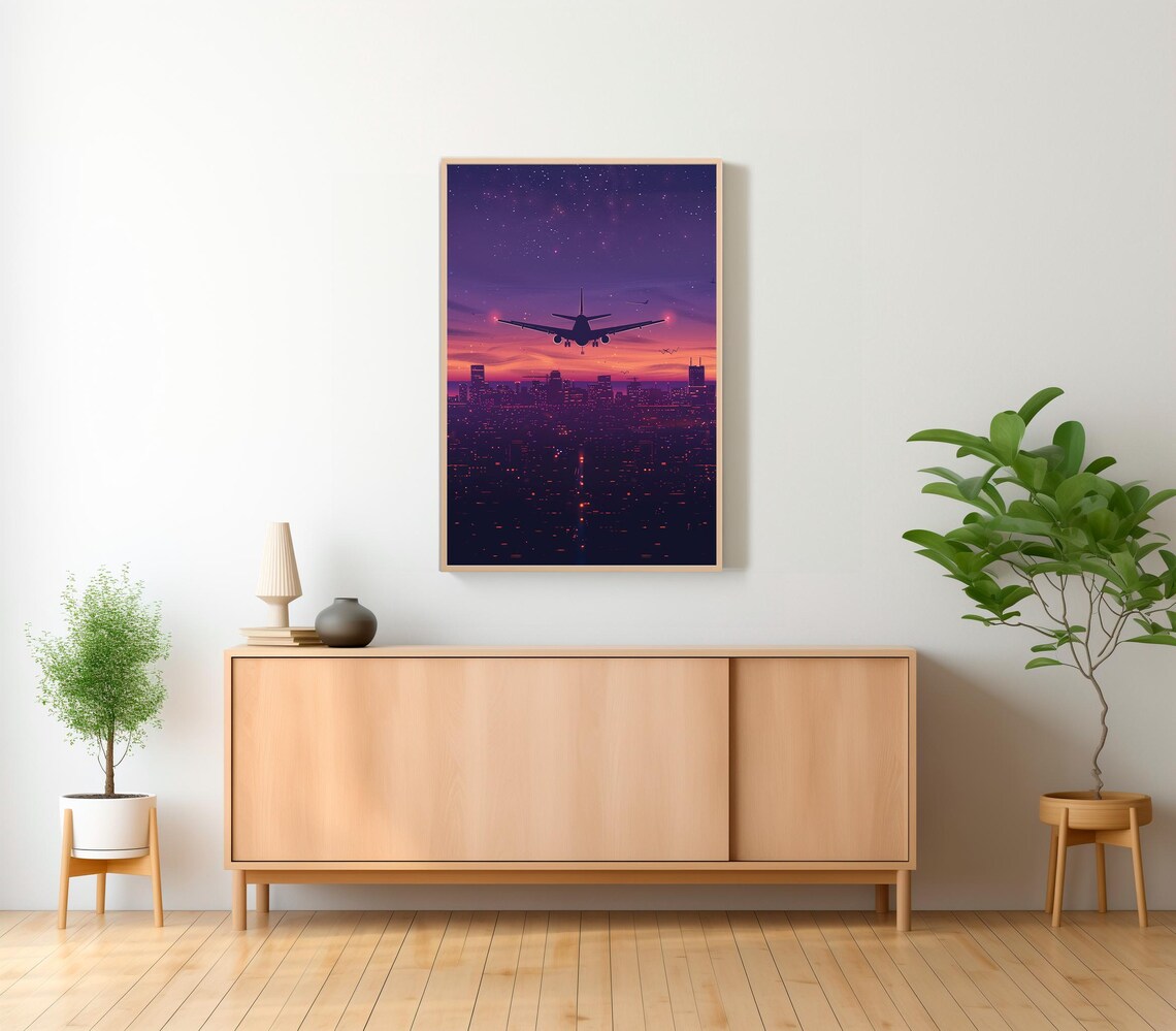 Airplane Silhouette Soaring Over City Lights at Sunset Sky Poster - Image 2