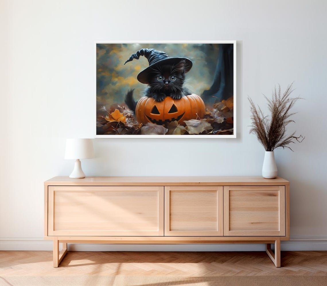 Black Kitten in Witch Hat on Pumpkin Vintage Halloween Poster - Image 2