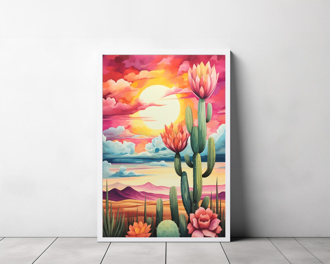 Vibrant Pink Sunset Desert with Blooming Saguaro Cactus Poster - Image 3