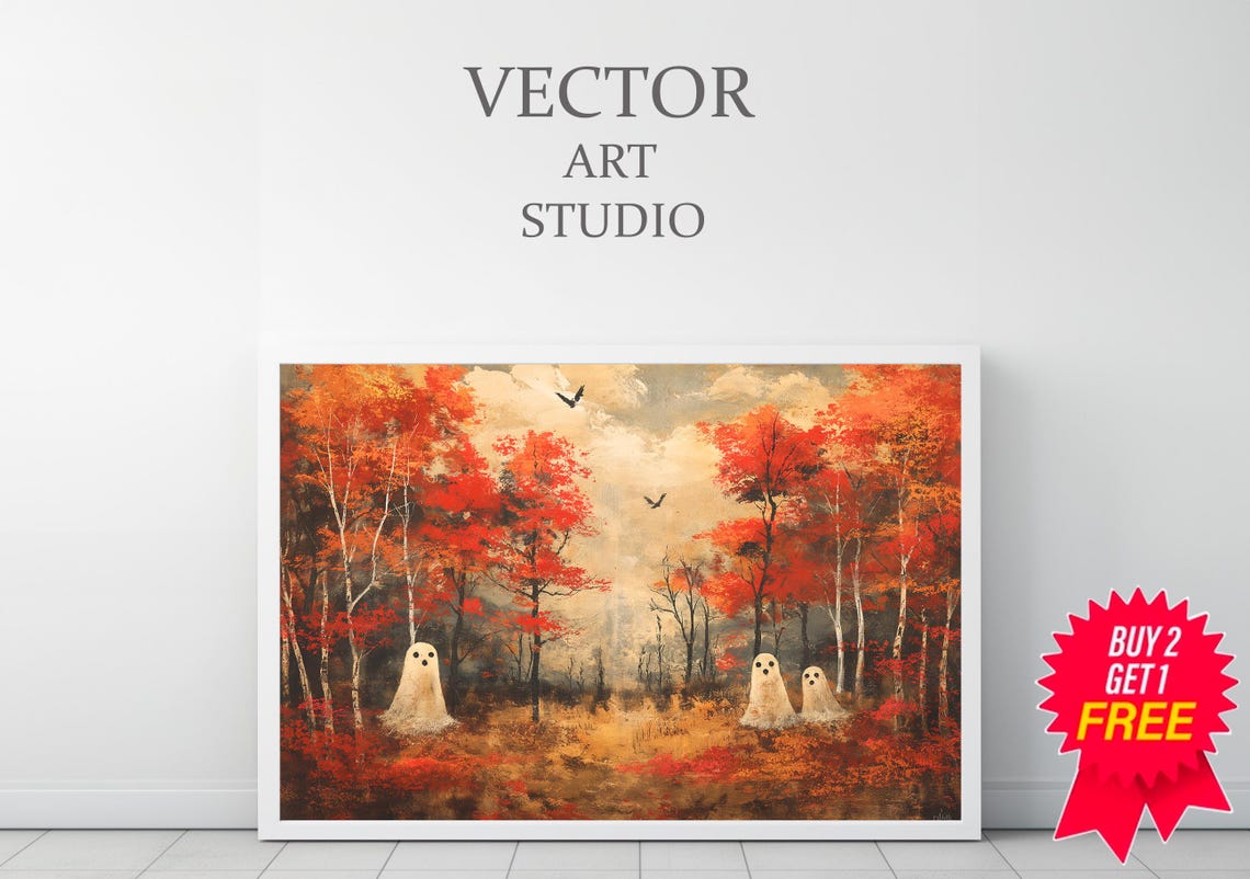 Cute Ghost Family in an Autumn Forest Fall Colors Halloween Art Poster - Image 3