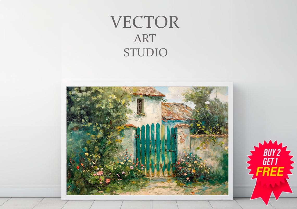 Country Cottage Garden Behind Tall Teal Gate Rustic Summer Art Poster - Image 3