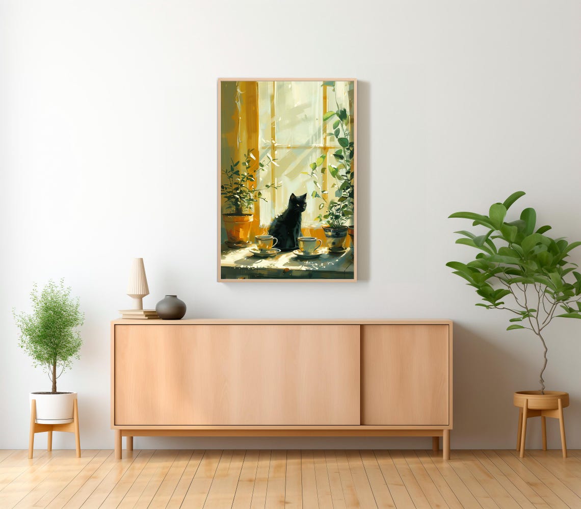 Black Cat with Two Teacups by Sunlit Window Still Life Poster - Image 2