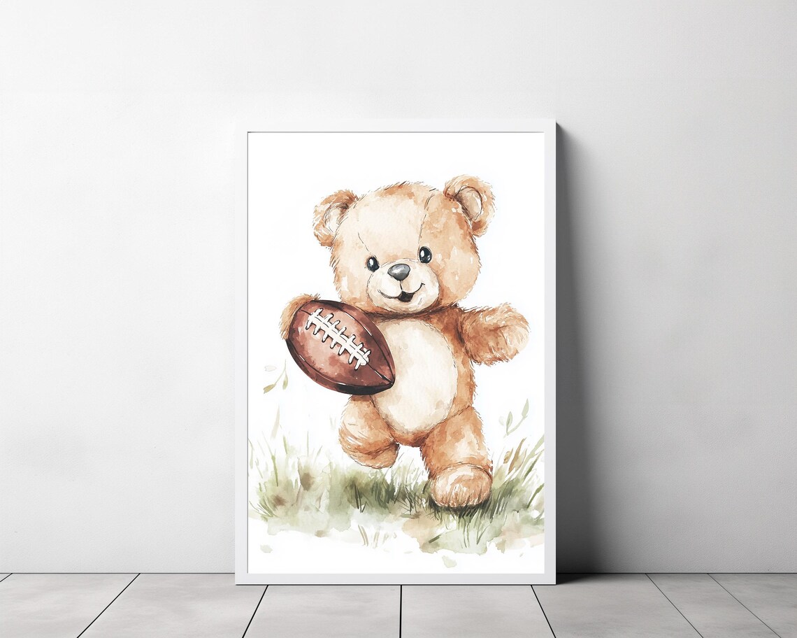 Teddy Bear Holding Football Watercolor Cute Nursery Sports Poster - Image 3