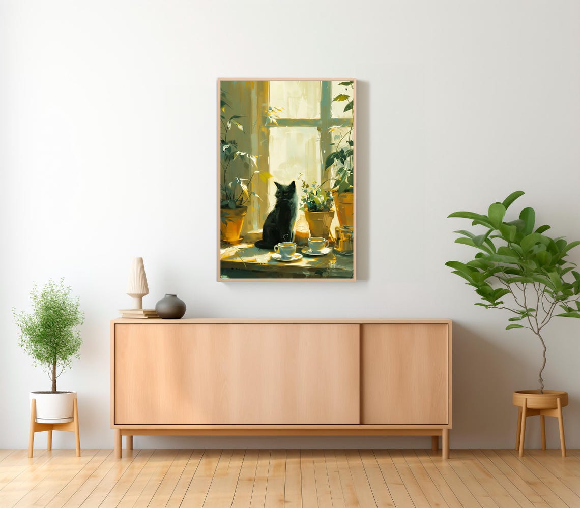 Black Cat Sitting by Sunny Window with Vintage Tea Cups Kitchen Poster - Image 2