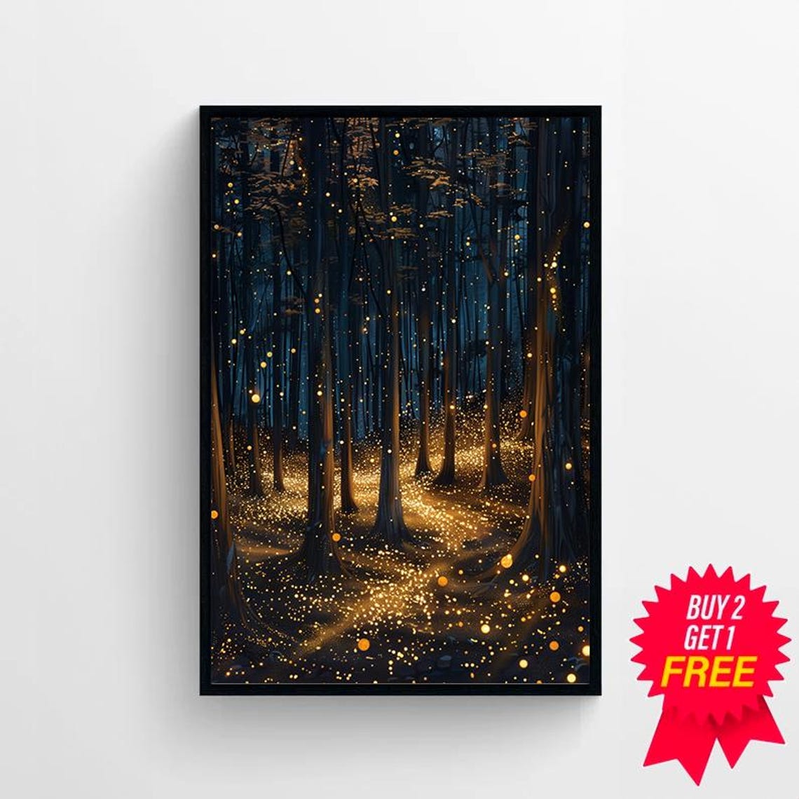 Glowing Golden Firefly Path Through Dark Forest Night Poster - Image 4