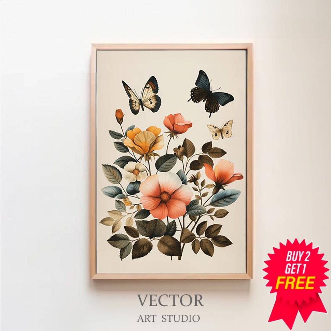 Vintage Butterfly Botanical Art Print, Farmhouse Decor