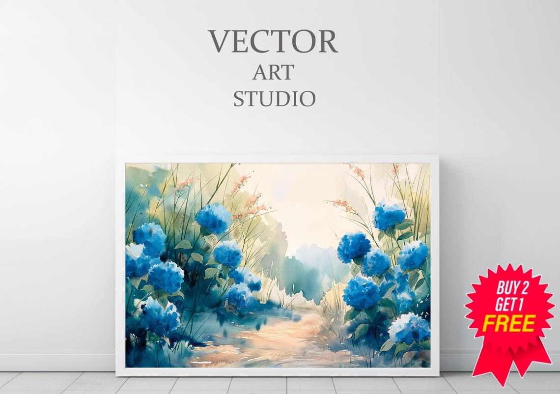 Blue Hydrangea Garden Path Watercolor Spring Botanical Art Print - Image 3