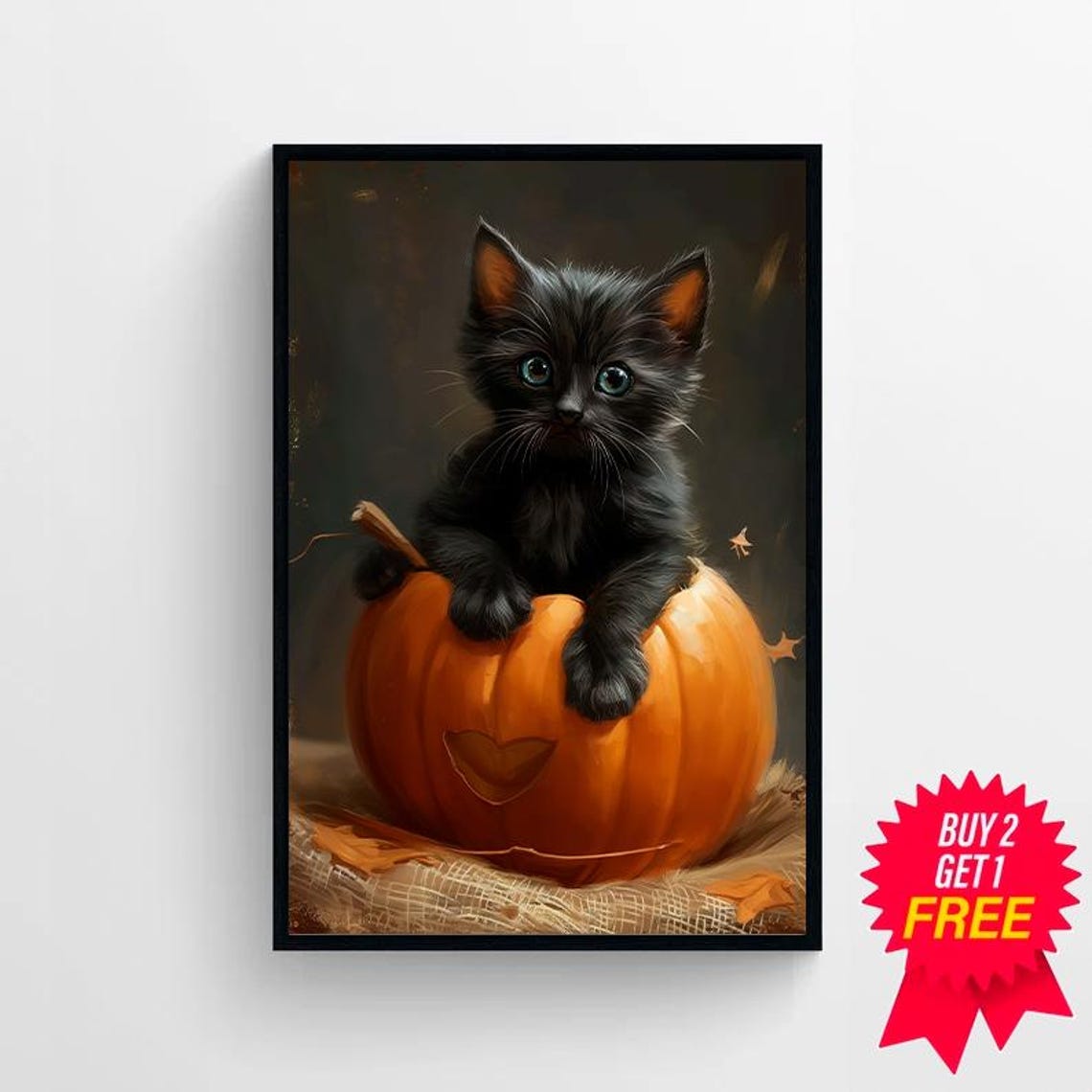 Black Kitten Sitting in Pumpkin with Heart Cutout Halloween Poster - Image 4