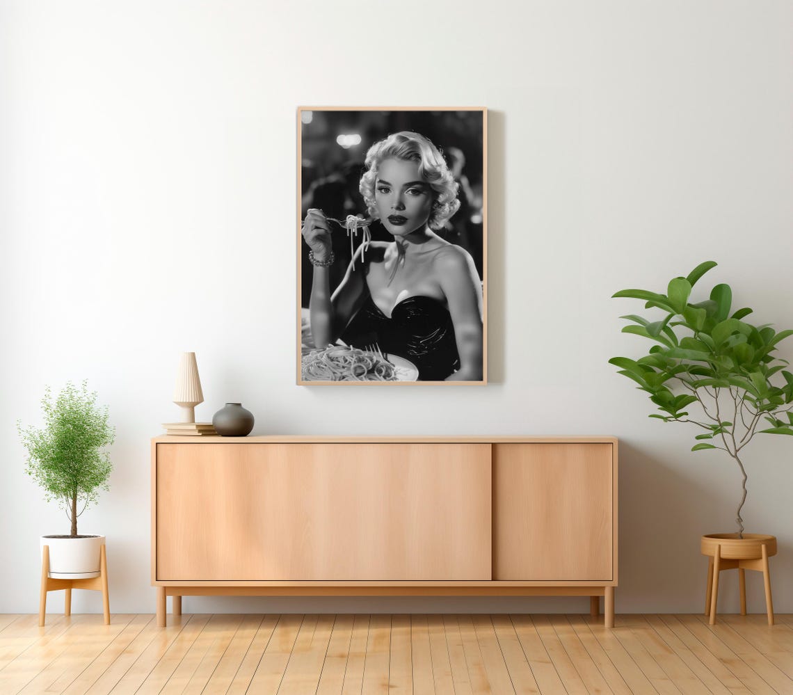 Blonde Woman Eating Spaghetti Vintage Style Black White Kitchen Poster - Image 2