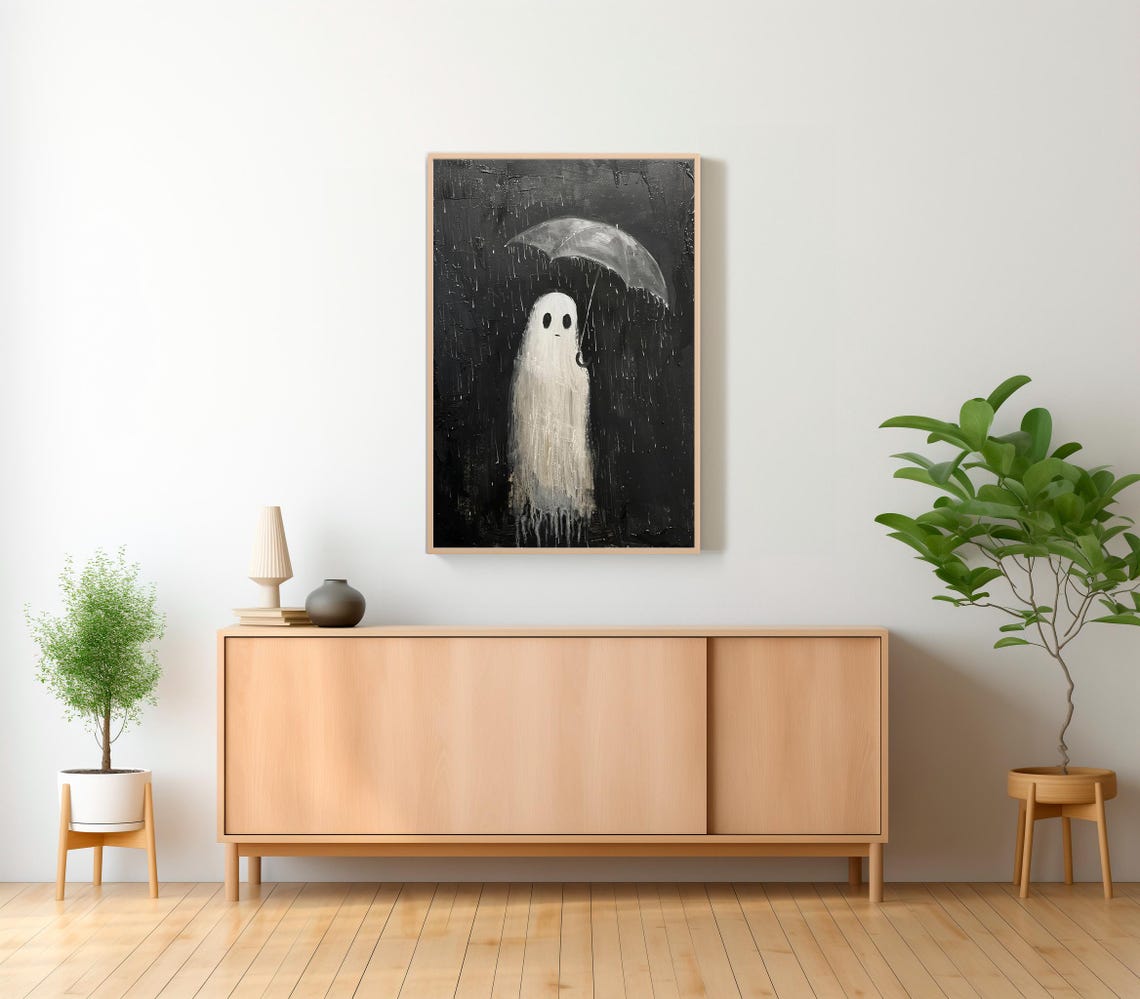 Sad Little Ghost Under Umbrella in Heavy Rain Dark Moody Poster - Image 2
