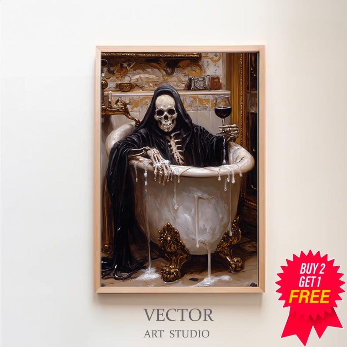 Grim Reaper In Bubble Bath Drinking Red Wine Dark Gothic Poster