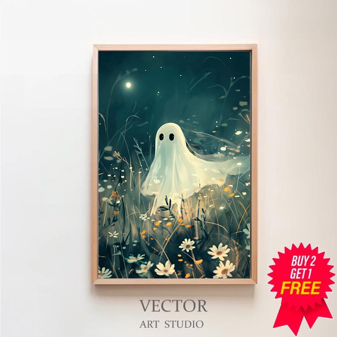 Glowing Ghost Drifting Through Moonlit Wildflower Meadow Night Poster