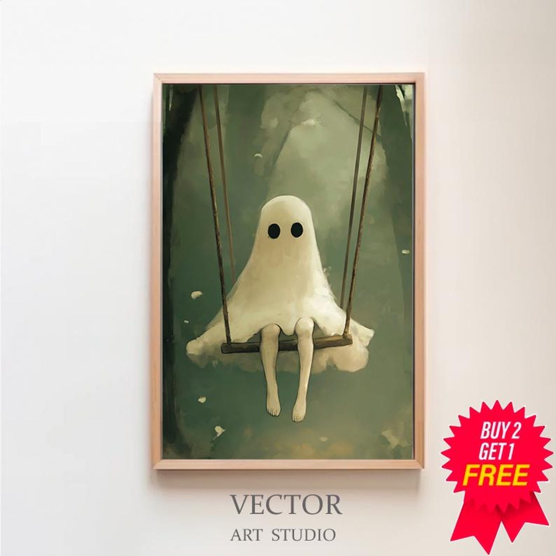 Cute Sheet Ghost Sitting on a Swing in Misty Green Forest Poster