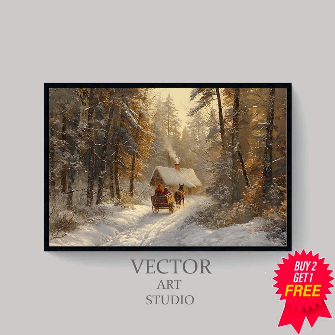 Snowy Forest Cabin with Horse-Drawn Sleigh Vintage Winter Poster - Image 4